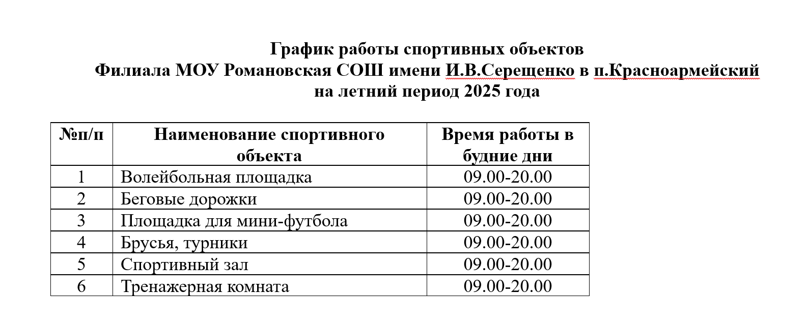 График работы спортивных объектов  Филиала МОУ Романовская СОШ имени И.В.Серещенко в п.Красноармейский  на летний период 2025 года.